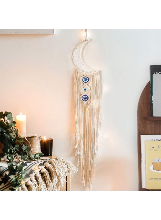 Boho Woven Wall Hanging With Evil Eyes, Crochet Crescent Moon Star DreamCatcher with Long Tassel- White Cotton Cord Handmade Bohemian Home Decor Ornament Decoration Art Craft Gift for Kids Bedroom Dorm Room